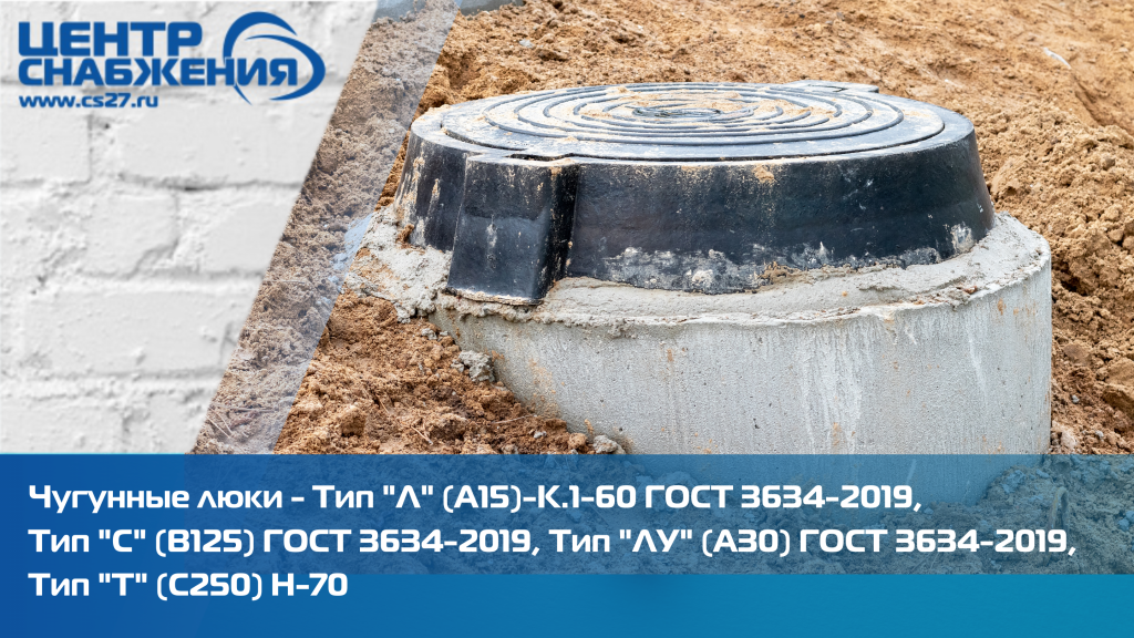 Чугунные люки - Тип "Л" (А15)-К.1-60 ГОСТ 3634-2019 (6300 руб.), Тип "С" (В125) ГОСТ 3634-2019 (9300 руб.), Тип "ЛУ" (А30) ГОСТ 3634-2019 (8400 руб.), Тип "Т" (С250) Н-70 (10200 руб.).